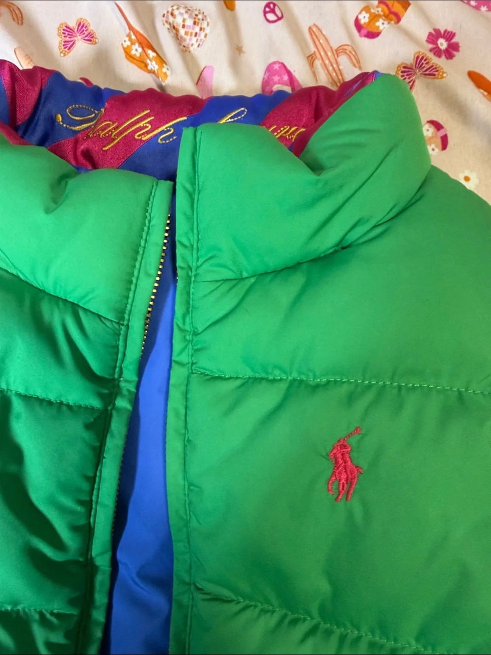 Ralph Lauren Green Quilted Puffer Vest with Pink Pony